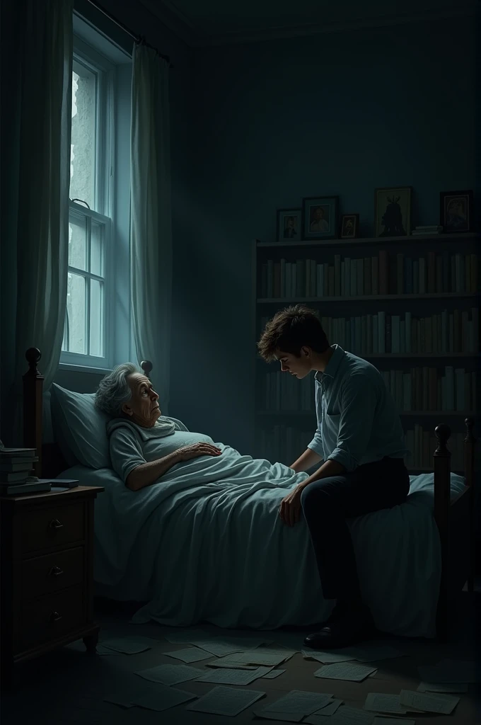 Create a dark room where a young historian is with an elderly woman in a bed, the room dark and mysterious.