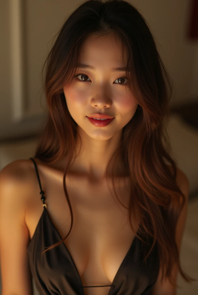 Asian young girl, straight hair, hair to chest, brown hair, brown eyes, masterpiece, best quality, high, attractive, masterpiece, wearing body dress showing cleavage, smiling, tanned, model, beautiful, beige bedroom backfround, cheek smile marks, tilting head, Taiwanese, only showing upper body and face from front, moody lighting, cute smile lines, glossy lips,((thick attractive lips)), dark room, dark tan skin, ready to go to party, dress, earrings, young girl, cleavage, (slim body)
