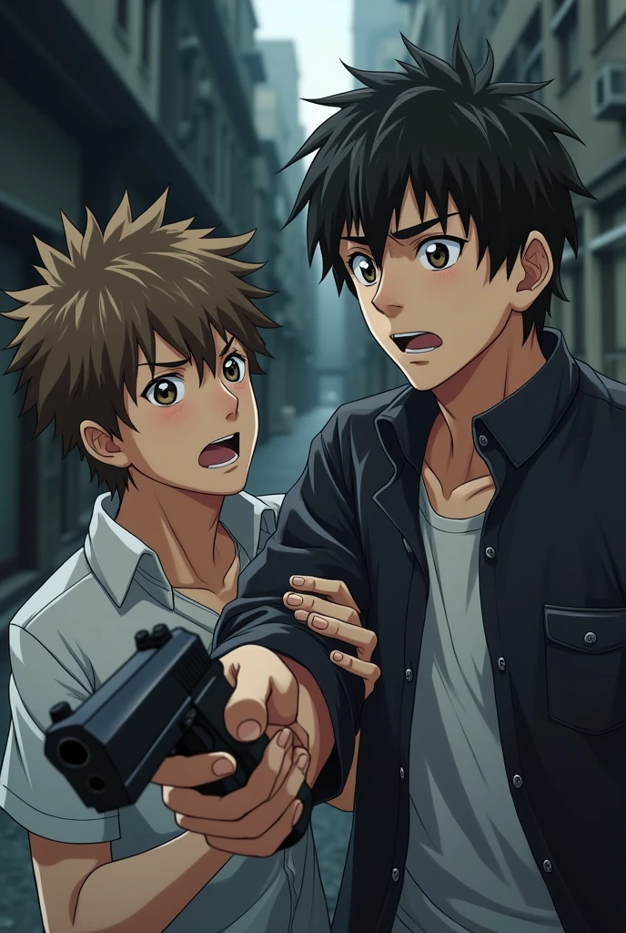 two guys in anime format, one pointing a gun at the other, the one without the gun is scared, and the one pointing the gun is ambitious.Serious drawing of older youth