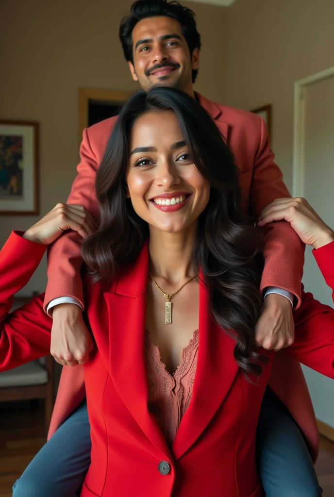 Create a realistic photograph of a smiling and beautiful indian actress in red jacket carrying a large man on her shoulders in a room, man is sitting on top of her shoulders 