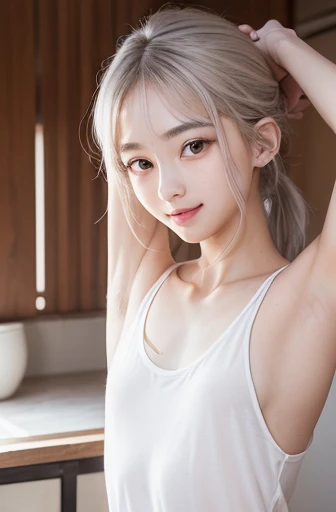 armpits,Create a photo of a korean Asian teenager,((beautiful cute idol girl:1.5)), plutinum silver hair,11yo,narrow eyes:1.5,slim face,slim neck,((thinbody)),white tite tanktop,((rasping)),((frat chest)),((clavicle)),((Narrow eyes:1.5))、((Narrow eyes:1.5))、(Thin arms)、(Thin neck)、(Thin lips)、Smile、Beautiful armpits:1.5,Sticking out a long tongue、Open your mouth、Cute expression、Hairless、low-ponytail,