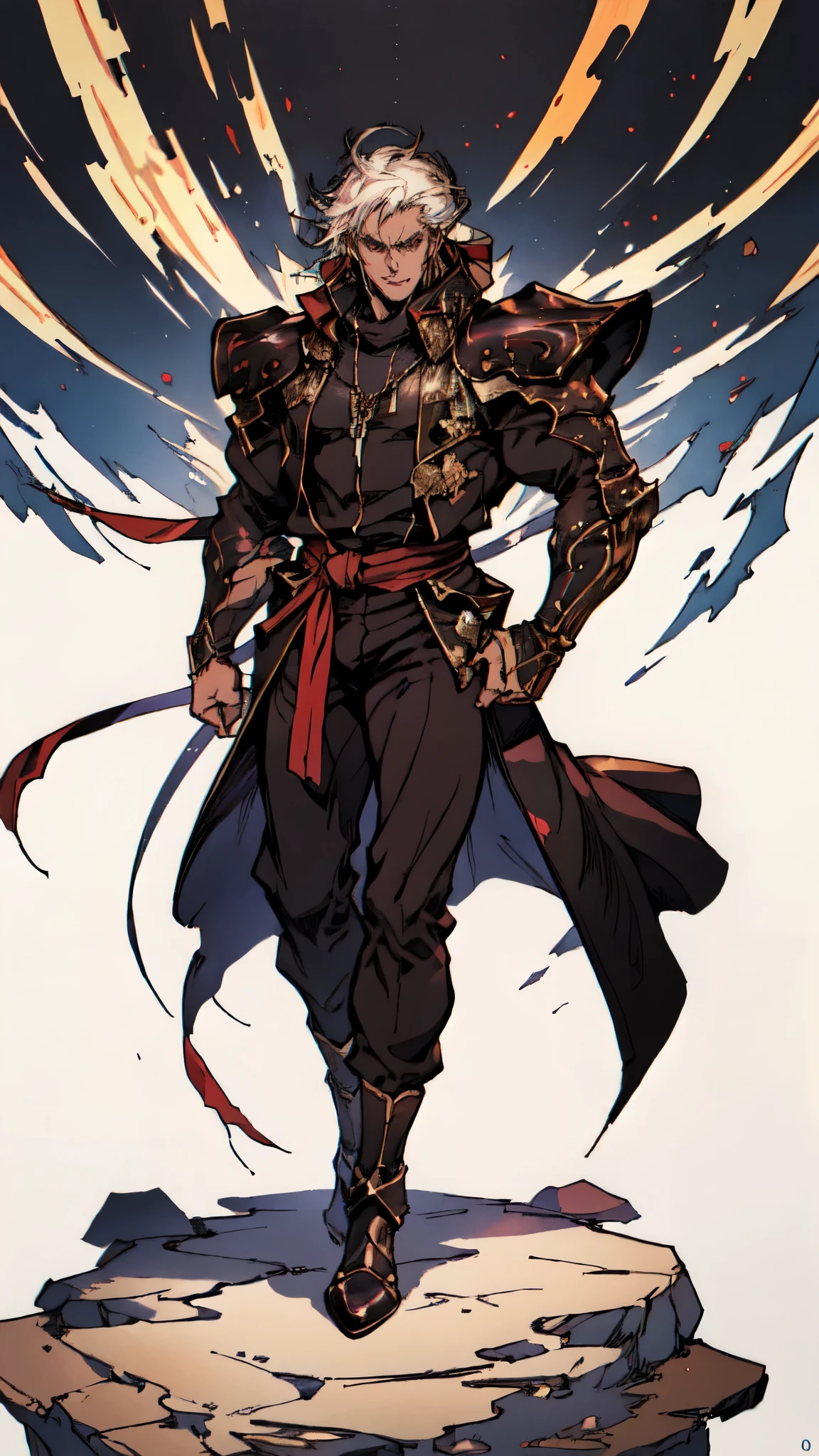 (masterpiece:1.2, best quality:1.2, extremely delicate:1.2), a middle-aged man, wild disheveled long hair streaked in red and black, a rugged and imposing face, a lightning-shaped tattoo on the left side of his face, sharp eyes, a confident smile, a tall and muscular build, a fantasy martial arts-style short-sleeved coat, form-fitting scale armor underneath, a black fur shawl drapes over his shoulders, wrist guards, matching canvas trousers, stands majestically on shattered ground, surrounded by floating debris, this character embodies a finely crafted fantasy martial arts-style overlord in anime style, exquisite and mature manga art style, dramatic, high definition, highres, ultra-detailed, ultra-fine painting, professional, perfect body proportions, golden ratio, anatomically correct, symmetrical face, extremely detailed eyes and face, high quality eyes, creativity, RAW photo, UHD, 32k, Natural light, cinematic lighting, (masterpiece-anatomy-perfect:1.2)