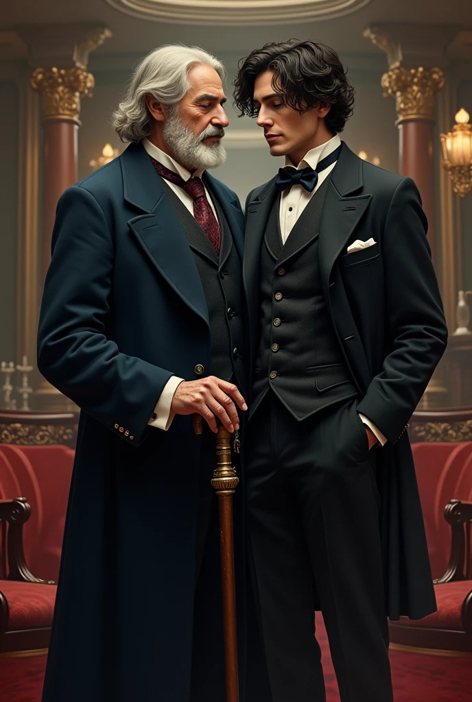 A couple: Remus Lupin with a cane and Sirius Black, on the titanic wearing 1910s clothing