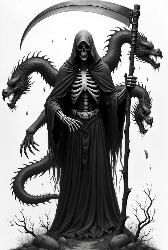 Black and white drawing of an extremely frightening reaper with a scythe. The reaper should have an imposing gaze and an air of superiority. Ao redor dele, include fearsome creatures in the style of Chinese dragons, with sinister details and a menacing presence."
More minimalist
