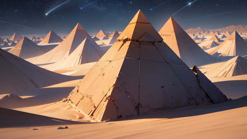cinematic dramatic futuristic graphite pyramids, detailed desert landscape, night sky, starry, venus planet, cinematic lighting, photorealistic, 8k, high resolution, hyper detailed, intricate details, moody atmosphere