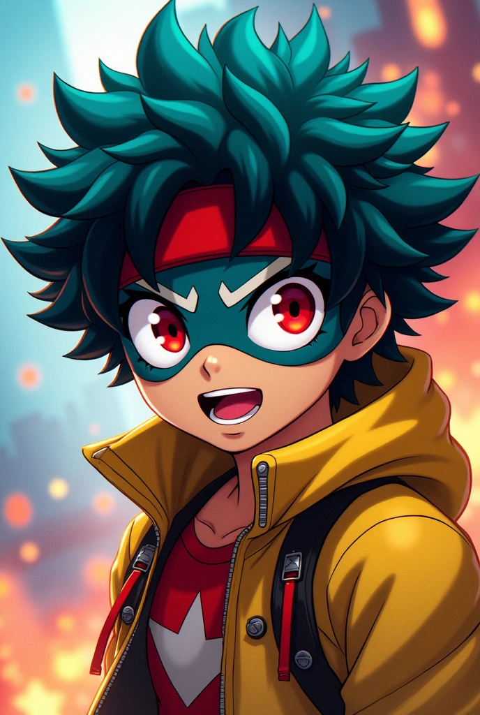 Young My Hero Academia style, tanned skin, blue hair, red eyes, wearing a yellow jacket with a red headband and a mask similar to Jason's.
