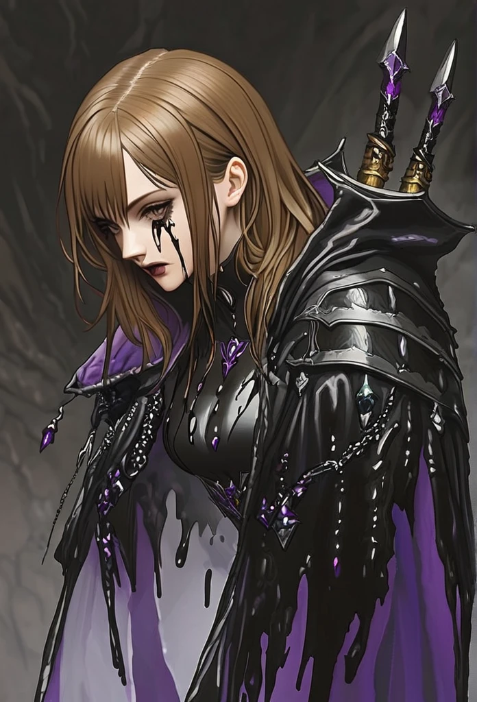 Emma Watson, fantasy rogue, daggers, dark liquid on face and body, infection, ArsMJStyle, dnddarkestfantasy