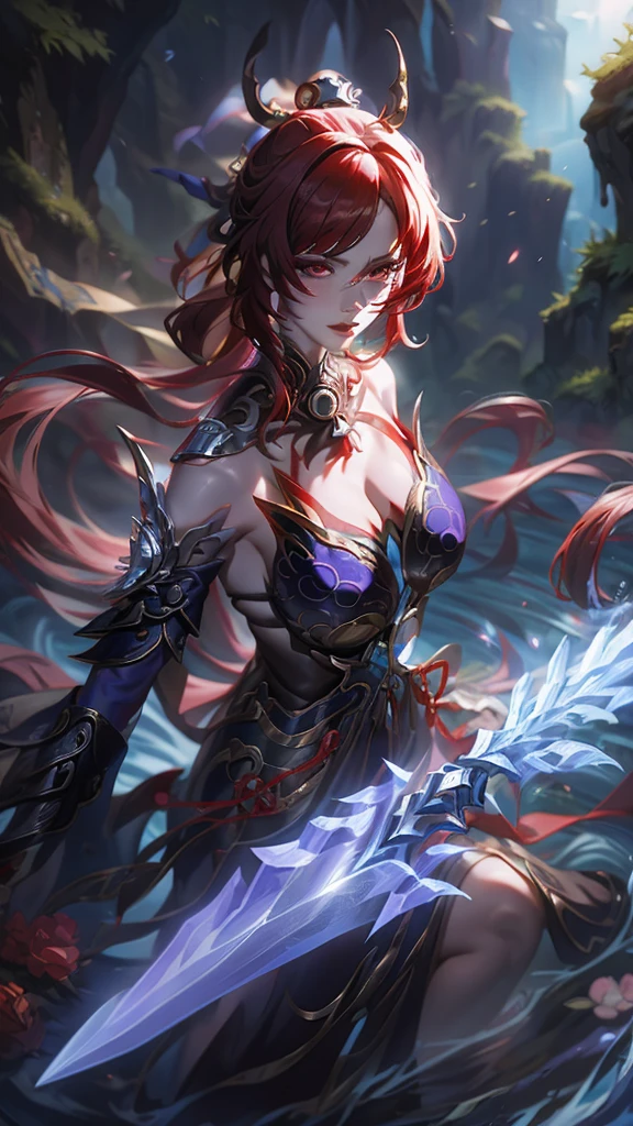 （best quality,masterpiece,Ultra-high resolution,photoactual:4：0),In the ruined castle,beauty,Elegant temperament,an oriental woman,25 years old,8k,Long flowing red hair,Devil's Horn,Big breasts,cleavage,,Wearing red lolita style,Magic Effects,steel sword,Black light on the sword,,Sword Runes