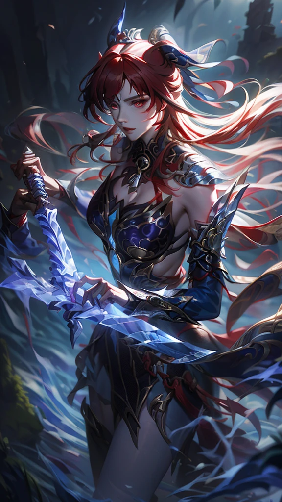 （best quality,masterpiece,Ultra-high resolution,photoactual:4：0),In the ruined castle,beauty,Elegant temperament,an oriental woman,25 years old,8k,Long flowing red hair,Devil's Horn,Big breasts,cleavage,,Wearing red lolita style,Magic Effects,steel sword,Black light on the sword,,Sword Runes