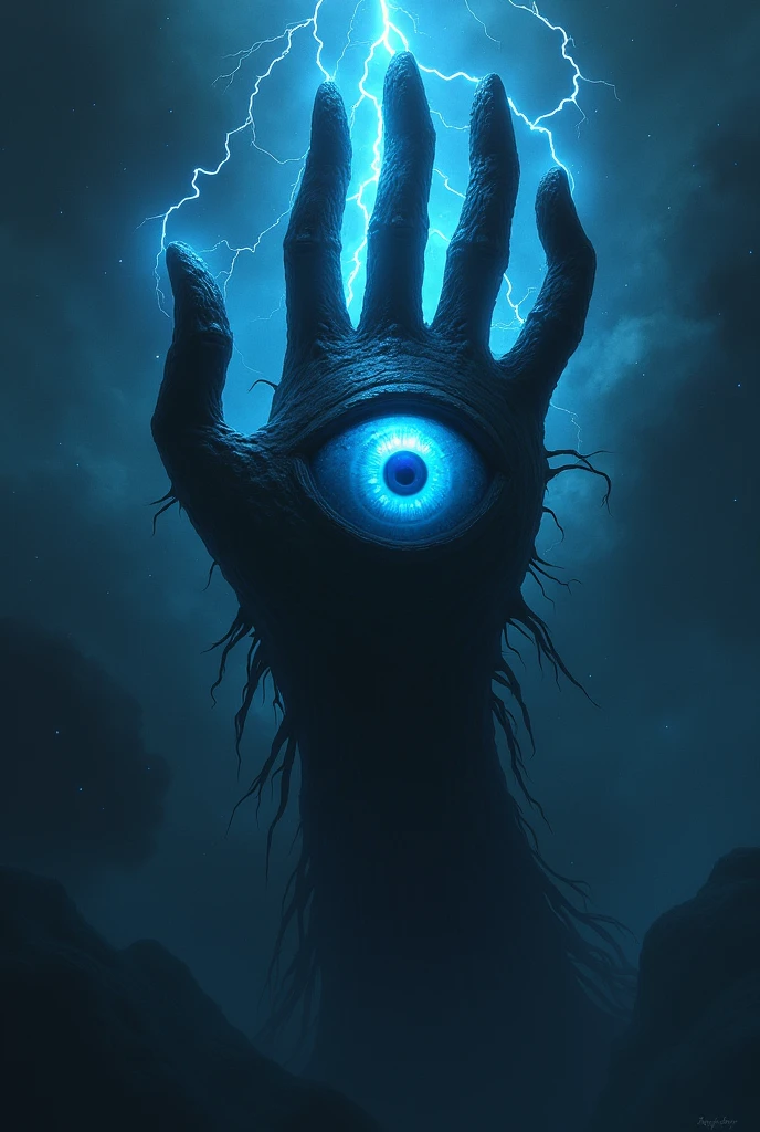 Lovecraftian-style space monster that has the shape of a hand without a wrist, of four fingers pointing upwards, black in color, four-fingered and terrifying, floating through space, with a large blue eye in the middle, traversed by electricity.