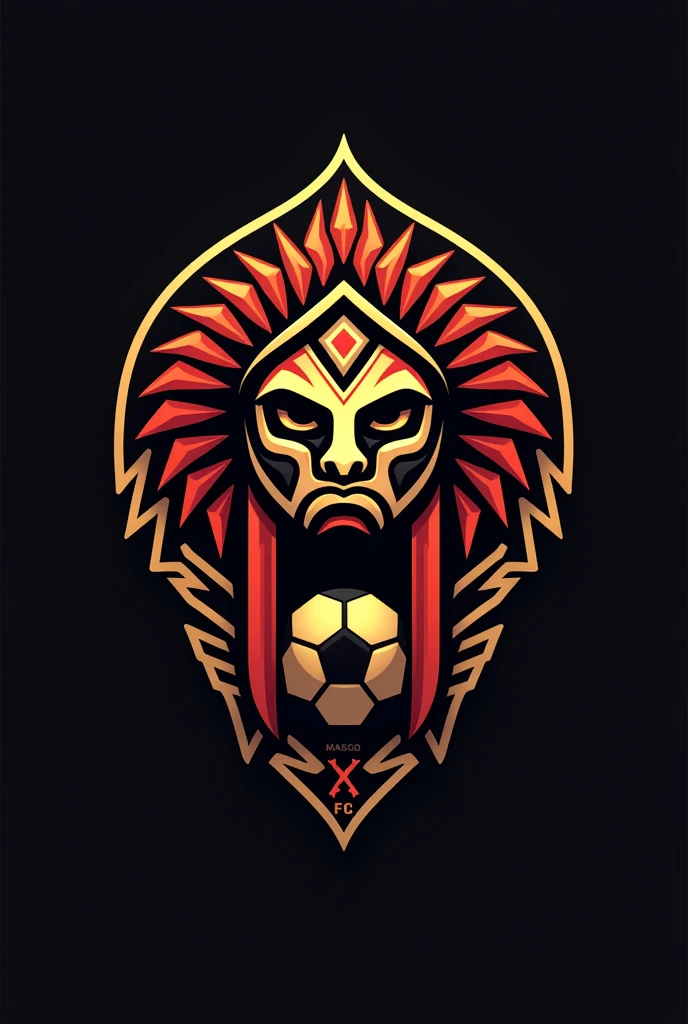 Design a professional logo for the football club 'Inkas FC'. The logo should have a modern and bold design with elements inspired by Inca culture. Use a strong color palette that includes gold, red and black. The central focus should be an abstract Inca helmet or mask, Symbolizing strength and heritage. Incorporate subtle Andean patterns around the edges or in the background, and add a football to the design. The text 'Inkas FC' should be highlighted with a clean and strong typography that complements the overall aesthetic.