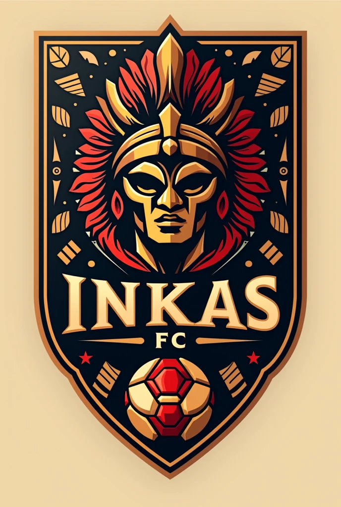 Design a professional logo for the football club 'Inkas FC'. The logo should have a modern and bold design with elements inspired by Inca culture. Use a strong color palette that includes gold, red and black. The central focus should be an abstract Inca helmet or mask, Symbolizing strength and heritage. Incorporate subtle Andean patterns around the edges or in the background, and add a football to the design. The text 'Inkas FC' should be highlighted with a clean and strong typography that complements the overall aesthetic.