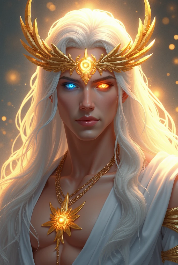 a male whos a god of light that has long, white hair that's half up and half down. his right eye golden, and his left eye blue. he also has a light symbol on his forehead and wears two gold laurel headpieces