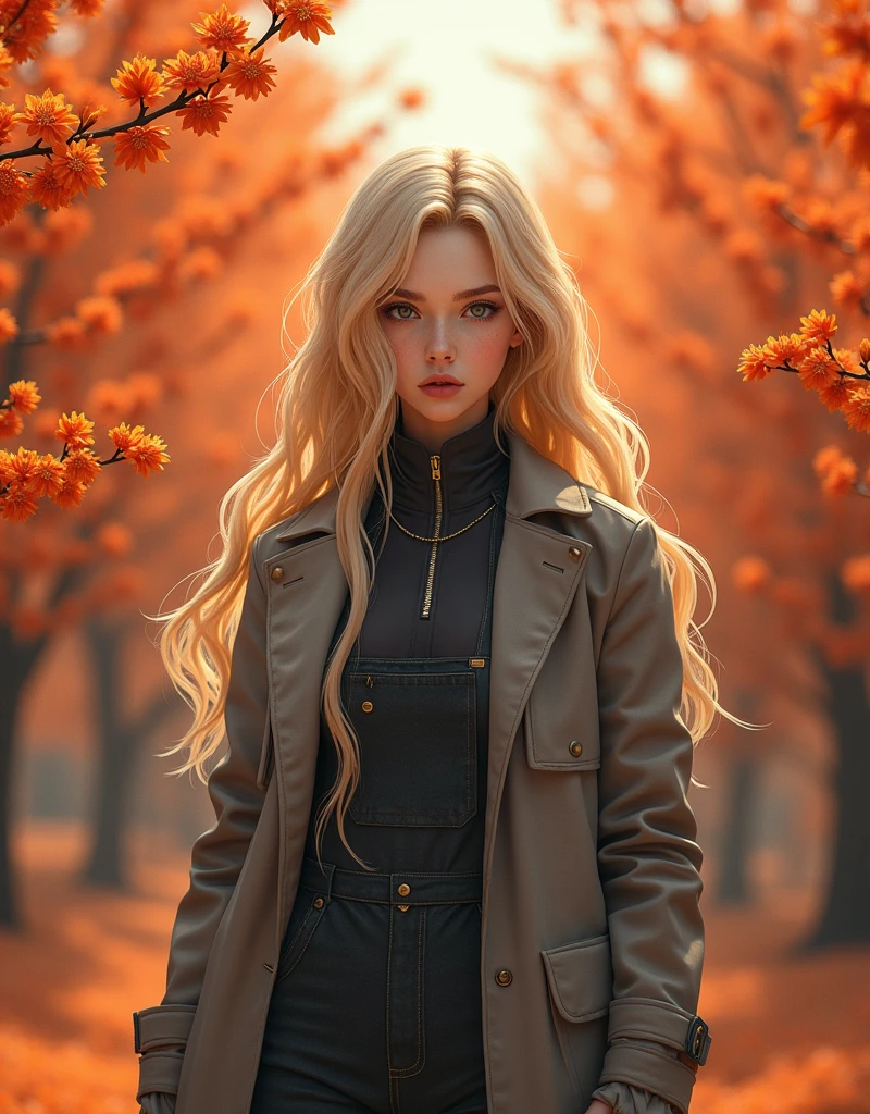 woman standing in front of a bush of orange flowers, beautiful futuristic hairstyle, close-fitting, anime girl cosplay, very, very long blonde curly hair, gray coat with a stand-up collar, Hyper-realistic aesthetics, honeysuckle, Anime Character; full body art, very vascular, Norwegian, conservative, overalls, moon goddess, Tatsumaki, covid-19 as a person