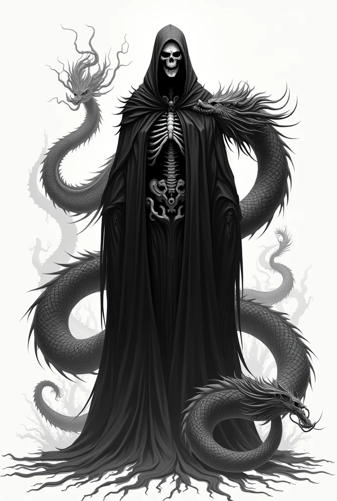 Black and white drawing of an extremely frightening reaper with a scythe. The reaper should have an imposing gaze and an air of superiority. Ao redor dele, include fearsome creatures in the style of Chinese dragons, with sinister details and a menacing presence."
More minimalist, in a drawing style