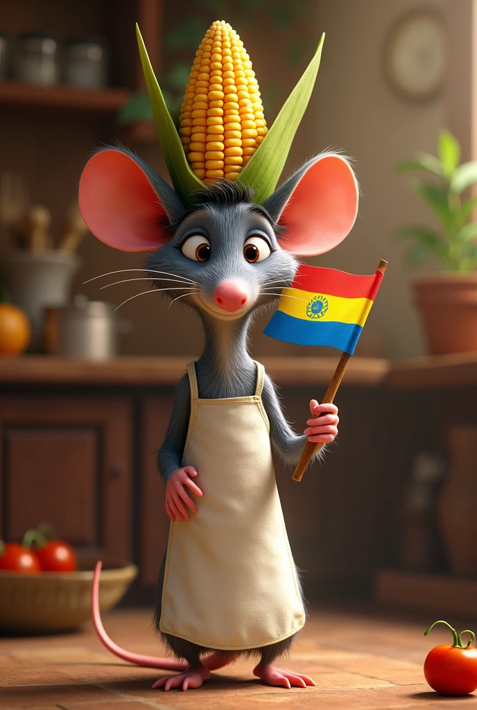 Remy the rat from Ratatouille wearing a corn cob and an apron, with the Paraguayan flag.

