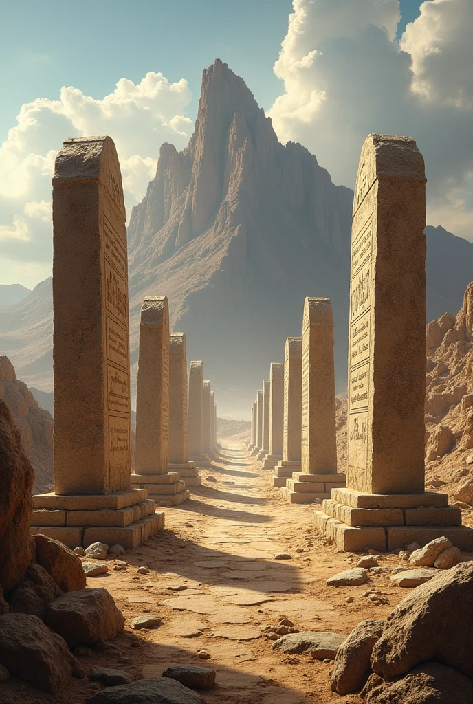 Mount Horeb in the background with the Ten Commandments plaques facing forward