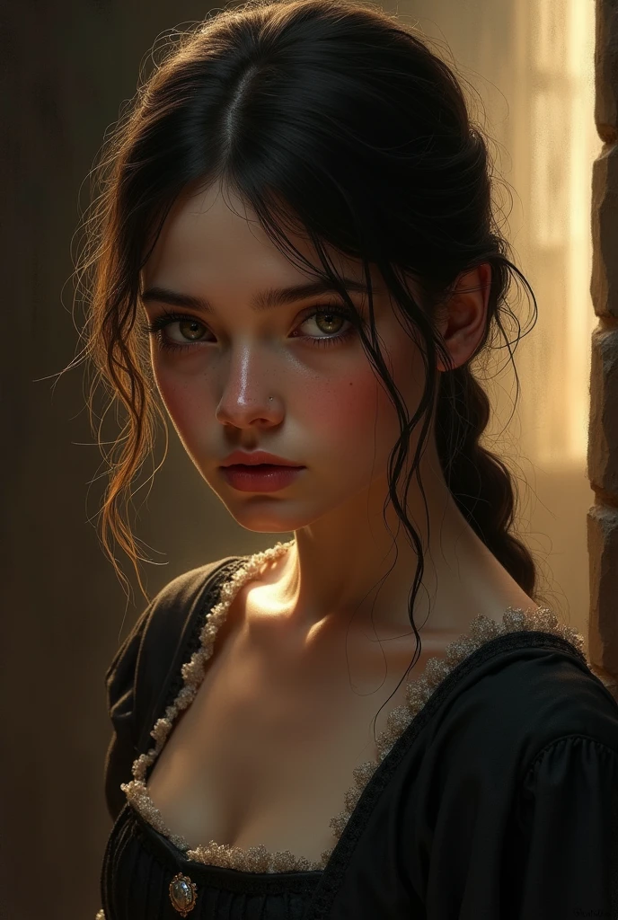 Style by Style Style Crypt Award winner, Spectacular oil painting of a beautiful medieval peasant girl, 15yo, (seductive expression:1.2), erotic espression, an ominous, evil, (Backlight:1.3), Digital Painting, concept art, Smooth, Sharp focus, Three-part method, Dark fantasy,Intricate details, art:Alexis Briclot, Medium Shot, (Shallow depth of field:1.3), grin seductively, She is erotic, sexy, seductive, moistskin, hyper detailed skin texture, nudity