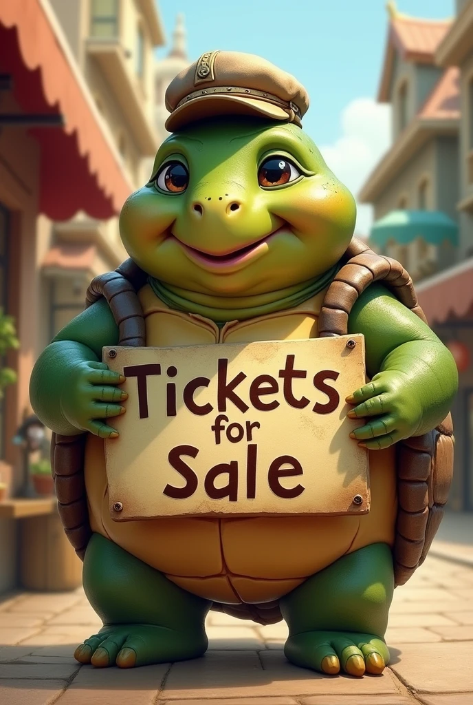 Very fat turtle , with a cap and a sign that says , tickets for sale