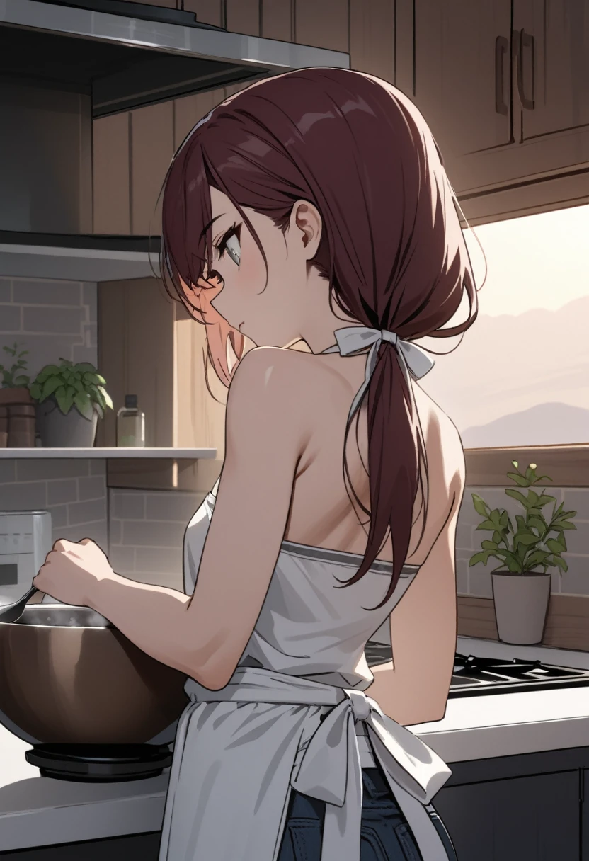best quality, masterpiece, stoic,young woman, from behind, head tilt, looking down, upper body, close up, Gray eyes, dark red hair, swept bangs, low twin tails, white ribbons, gray strapless shirt with white trim, white apron, black jeans, small breasts, toned arms, Cooking in the kitchen, wooden walls, potted plant, window, dusk, Hold the bowl in your right hand，Hold a spoon in your left hand
