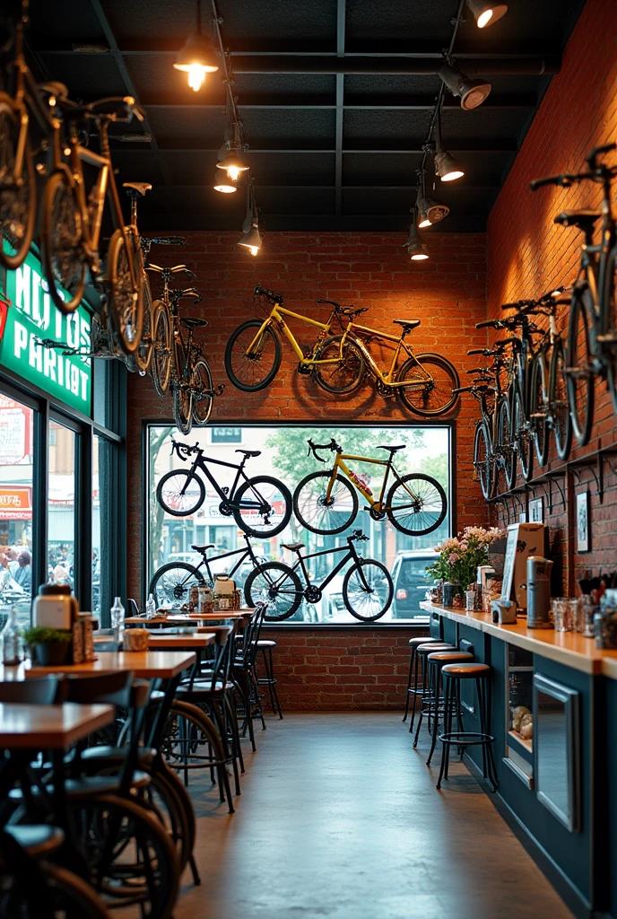 Photo of a bike shop, bicycles suspended on the wall, with a sign in the background saying MOTOS PARKING.