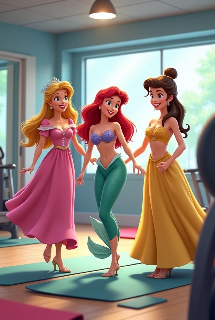 sleeping Beauty, Ariel and Belle. the 3 friends at the gym making exercises and smiling