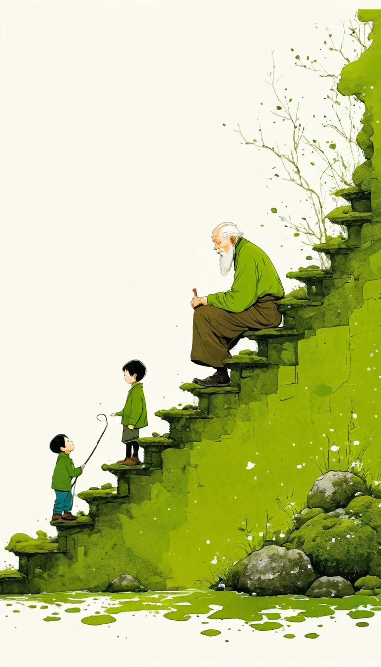 中国水墨画sketch：Light Ink，Lowercase，sketch，artistic conception，An old man and a child on the moss-covered steps。Minimalism，(((Negative Space,Bottom left composition)))