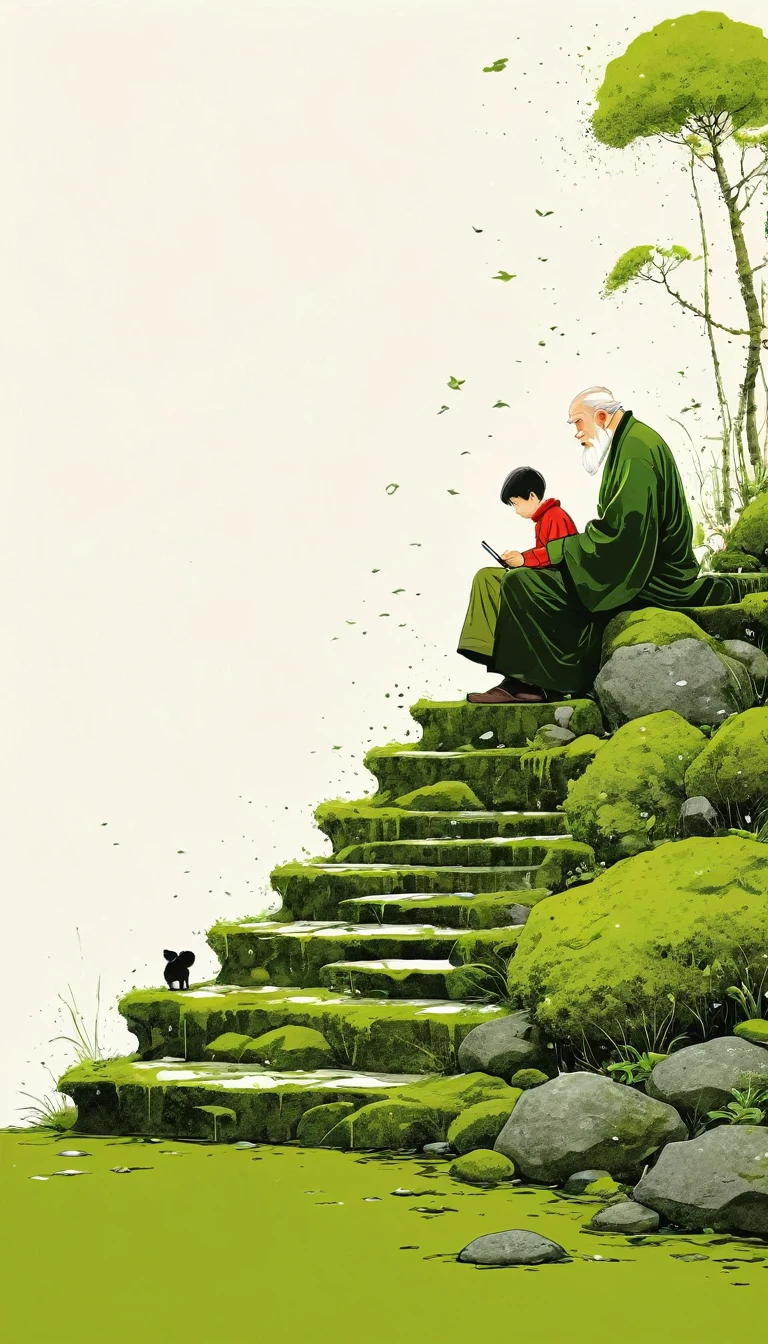 中国水墨画sketch：Light Ink，Lowercase，sketch，artistic conception，An old man and a child on the moss-covered steps。Minimalism，(((Negative Space,Bottom left composition)))