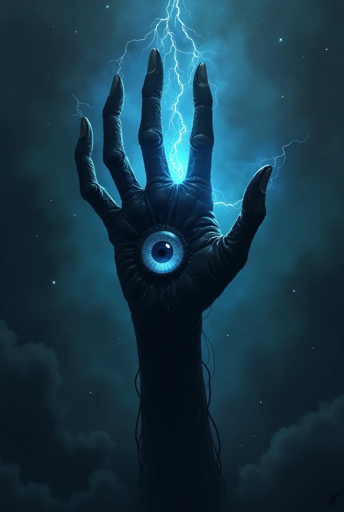 Lovecraftian-style space monster that has the shape of a hand without a wrist, of four fingers pointing upwards, black and terrifying in color, floating through space, with a large blue eye in the middle, traversed by electricity. 