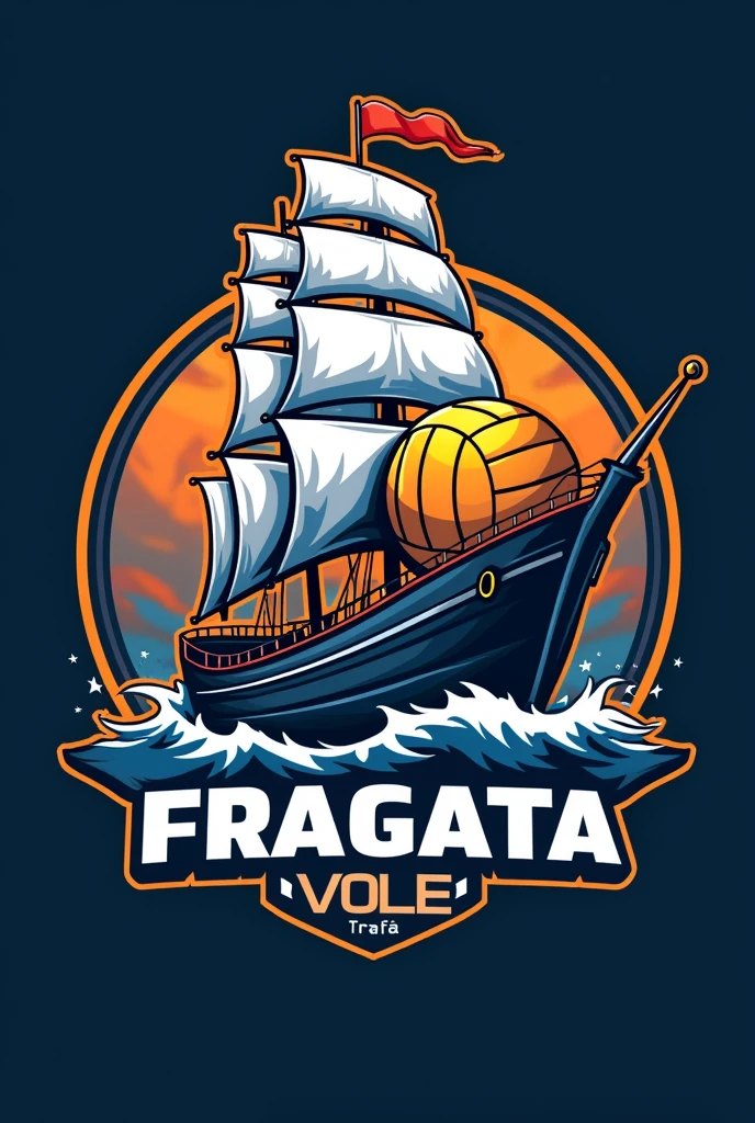 A logo for a volleyball team based on a Frigate (warship) and with a volleyball coming out of the canyon written Volei Fragata in Portuguese