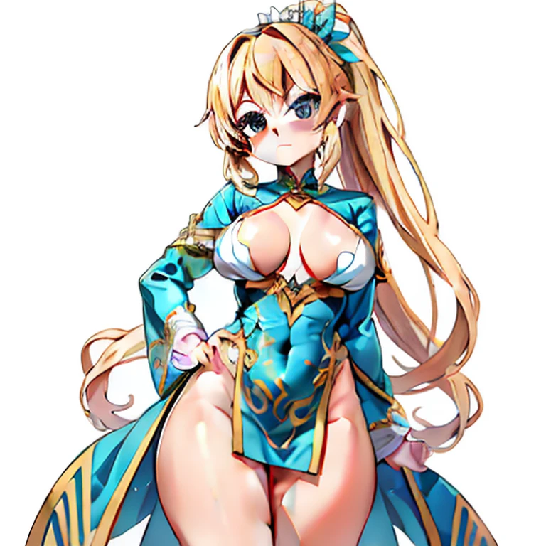 Anime Kawaii sexy Perfect Slim sensual body large breast and huge thighs, An intricate and highly detailed illustration of anime (Young girl). a young woman, beautiful, long straight hair with ponytail, blond hair, emerald green eyes, White skin, Detailed face, curvilinear body, small breasts, wide hips and thick thighs, green chinese dress with yellow patterns, tight, neckline, erotic.