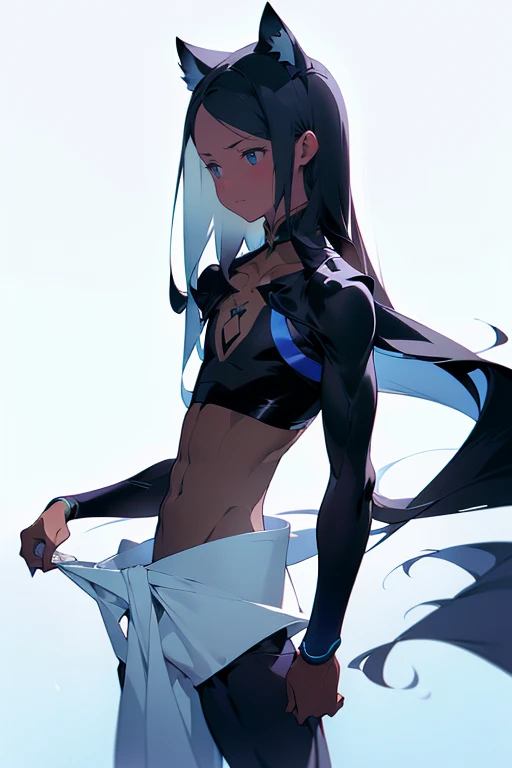 ((Beautiful man:1)) , ((dark skin:1)), ((extremely long hair:1.5)) , ((black hair:1.3)) , ((male features:1.2)), (((male:1))) , full lips , light blue eyes, ((Skinny build)) ,effeminate , ((has a center part in hair:1.2)),((straight hair:1.3)) , ((crop top:1.5)), Bishounen, possess delicate and androgynous features , as a male , small waist, thin , ((femboi:1.3)), ((femboy:1.3)), ((big lips:1.3)) ((blowout hairstyle:1)) , ((sleek hair:1)), ((has a middle part in hair:1.4)), (((male:1))) , ((panther ears, panther ears on head:1.2)), ((flat chest:1.3)), ((male chest:1.8)), ((very petite:1.5)), wearing very large earrings,
A pure white background, 5k ,
(masterpiece, best quality )detailed, 1Character , pastel washed out colors , cell shade , soft, muted shades ,gentle colors ,