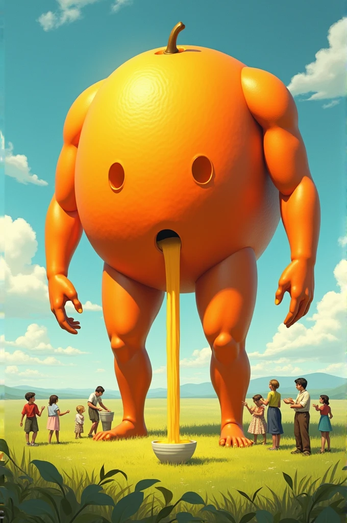 A orange  stands in an open field the size of a five-story building and the juice is pouring out from the orange and children are scooping it up in bowls