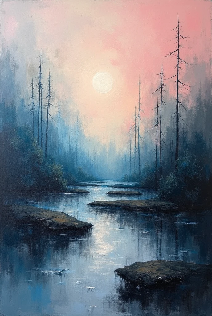 Create a plain canvas, evocative background using the expressive and textured brushstrokes abstract Use a muted color palette with subtle variations in tone to create depth and visual interest. Focus on the tactile quality of the oil paint, incorporating gentle gradients and soft transitions between colors. Allow the brushstrokes to remain visible, adding a sense of raw emotion and intimacy to the background. a thick textured oil painting, impasto brushstrokes, dry brushing,revealing underlayers, abstract landscape, moody lighting, dramatic shadows, muted earthy colors, vibrant colors, highly detailed, masterpiece, using a palette of light pink, muted blue, dark grayish blue, bright blue, very dark gray, and light grayish blue