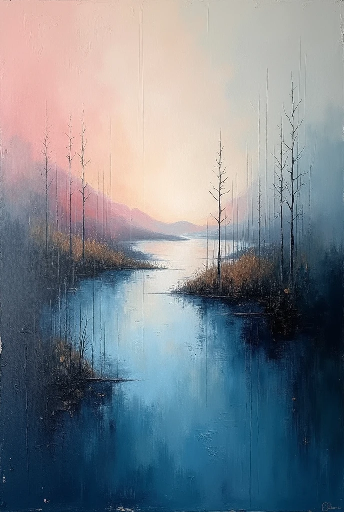 Create a plain canvas, evocative background using the expressive and textured brushstrokes abstract Use a muted color palette with subtle variations in tone to create depth and visual interest. Focus on the tactile quality of the oil paint, incorporating gentle gradients and soft transitions between colors. Allow the brushstrokes to remain visible, adding a sense of raw emotion and intimacy to the background. a thick textured oil painting, impasto brushstrokes, dry brushing,revealing underlayers, abstract landscape, moody lighting, dramatic shadows, muted earthy colors, vibrant colors, highly detailed, masterpiece, using a palette of light pink, muted blue, dark grayish blue, bright blue, very dark gray, and light grayish blue