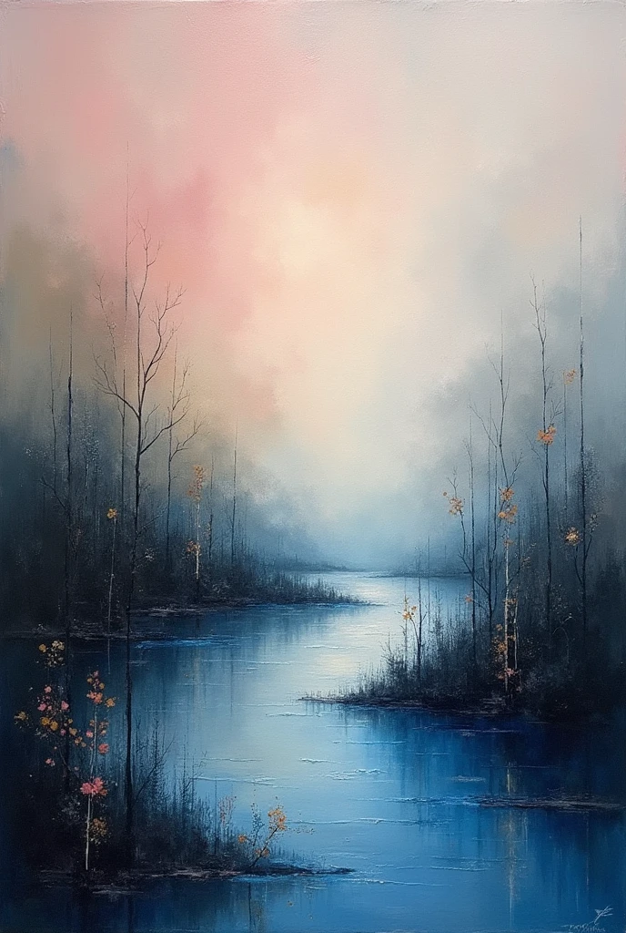 Create a plain canvas, evocative background using the expressive and textured brushstrokes abstract Use a muted color palette with subtle variations in tone to create depth and visual interest. Focus on the tactile quality of the oil paint, incorporating gentle gradients and soft transitions between colors. Allow the brushstrokes to remain visible, adding a sense of raw emotion and intimacy to the background. a thick textured oil painting, impasto brushstrokes, dry brushing,revealing underlayers, abstract landscape, moody lighting, dramatic shadows, muted earthy colors, vibrant colors, highly detailed, masterpiece, using a palette of light pink, muted blue, dark grayish blue, bright blue, very dark gray, and light grayish blue