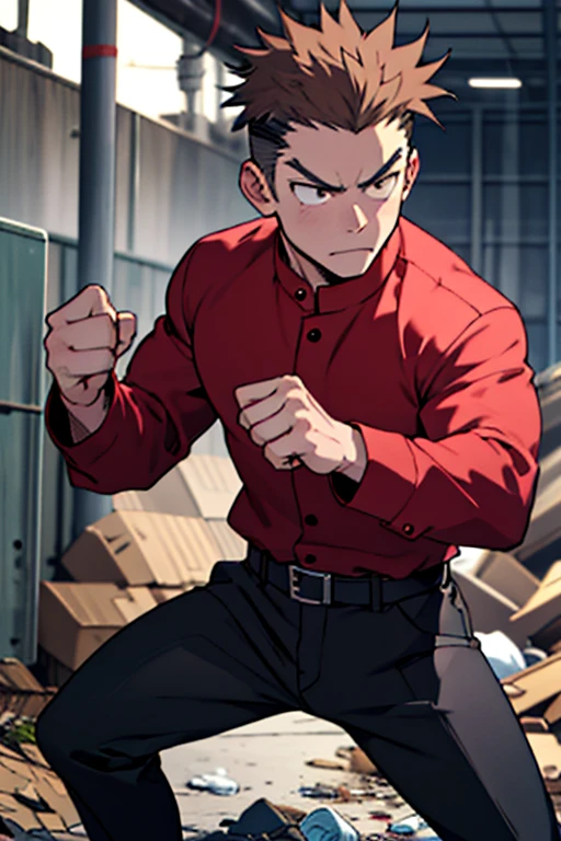 One boy, alone, Iris, Point pupils, Brown Hair, short hair, gakuran, Black jacket,Red Shirt、Black Belt, Black trousers, bad、Waste Disposal Plant、Legs spread in fighting pose,　Upper Body