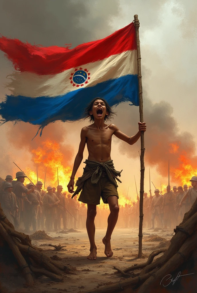 a tall boy, barefoot, thin with torn clothes, dirty and screaming, in the midst of a battle during the 1770 war
 holding the Paraguayan flag, red in color, white and blue horizontally.
In the background, only smoke and fire