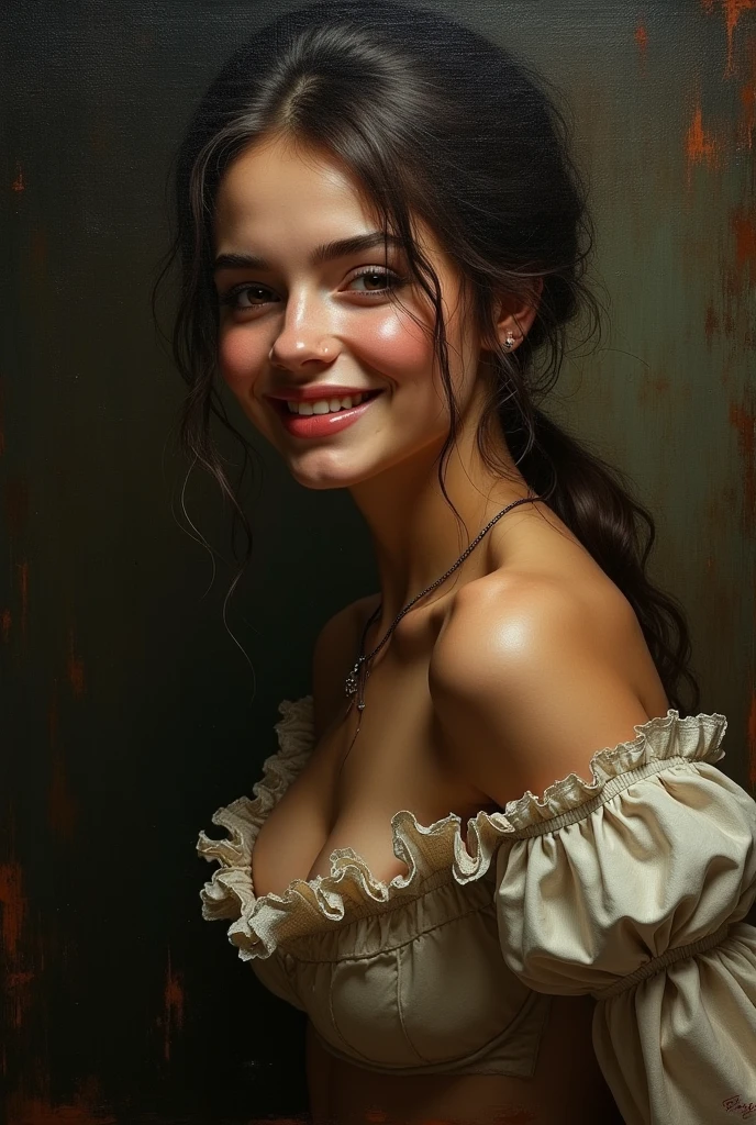 Style by Style Style Crypt Award winner, Spectacular oil painting of a beautiful medieval peasant girl, 35yo, (seductive expression:1.2), erotic espression, an ominous, evil, (Backlight:1.3), Digital Painting, concept art, Smooth, Sharp focus, Three-part method, Dark fantasy,Intricate details, art：Alexis Briclot, Medium Shot, (Shallow depth of field:1.3), grin seductively, She is erotic, sexy, seductive, moistskin, hyper detailed skin texture, nudity