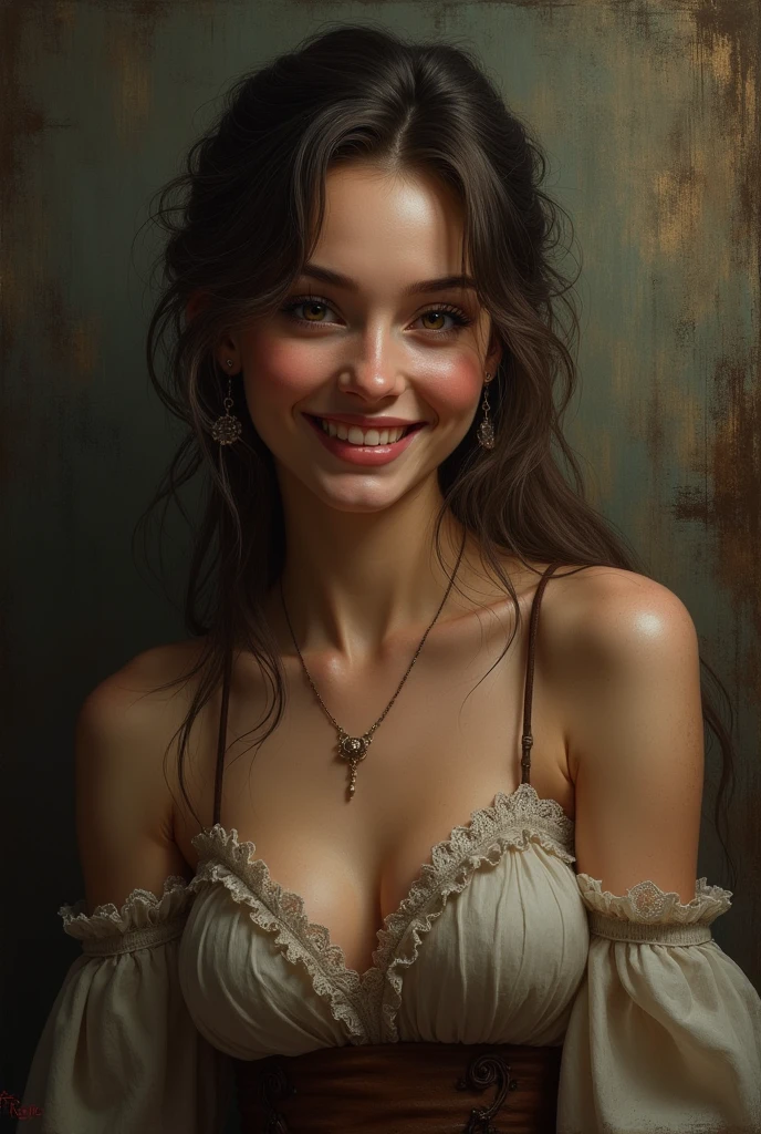 Style by Style Style Crypt Award winner, Spectacular oil painting of a beautiful medieval peasant girl, 35yo, (seductive expression:1.2), erotic espression, an ominous, evil, (Backlight:1.3), Digital Painting, concept art, Smooth, Sharp focus, Three-part method, Dark fantasy,Intricate details, art：Alexis Briclot, Medium Shot, (Shallow depth of field:1.3), grin seductively, She is erotic, sexy, seductive, moistskin, hyper detailed skin texture, nudity