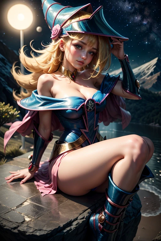 (masterpiece:1.2), (The best quality:1.2), perfect lighting, Dark Magician Girl , 22 years old, smiling, beautiful face, sit on the rock , dark night, milky way on the sky, night mountain background, shooting star , sexy crossed legs, visible thigs, visible butt, In his twenties, medium tits, transparent neckline, blue robe, big hat, from above, Sparkles, Yugioh game, The magic of the heart, Romantic heart.