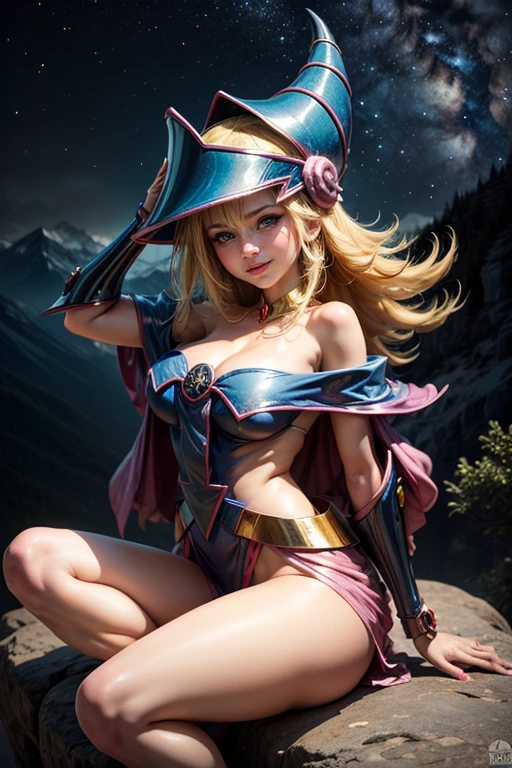 (masterpiece:1.2), (The best quality:1.2), perfect lighting, Dark Magician Girl , 22 years old, smiling, beautiful face, sit on the rock , dark night, milky way on the sky, night mountain background, shooting star , sexy crossed legs, visible thigs, visible butt, In his twenties, medium tits, transparent neckline, blue robe, big hat, from above, Sparkles, Yugioh game, The magic of the heart, Romantic heart.