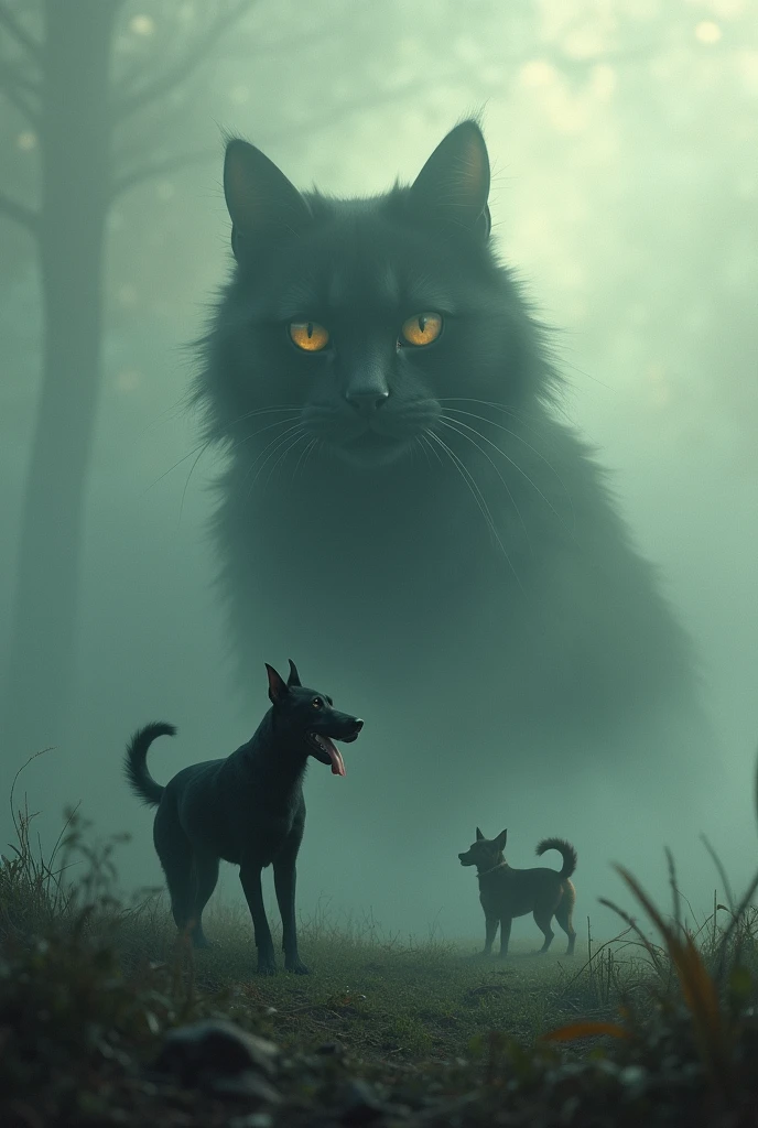 Shadow of a cat's face and a dog playing.