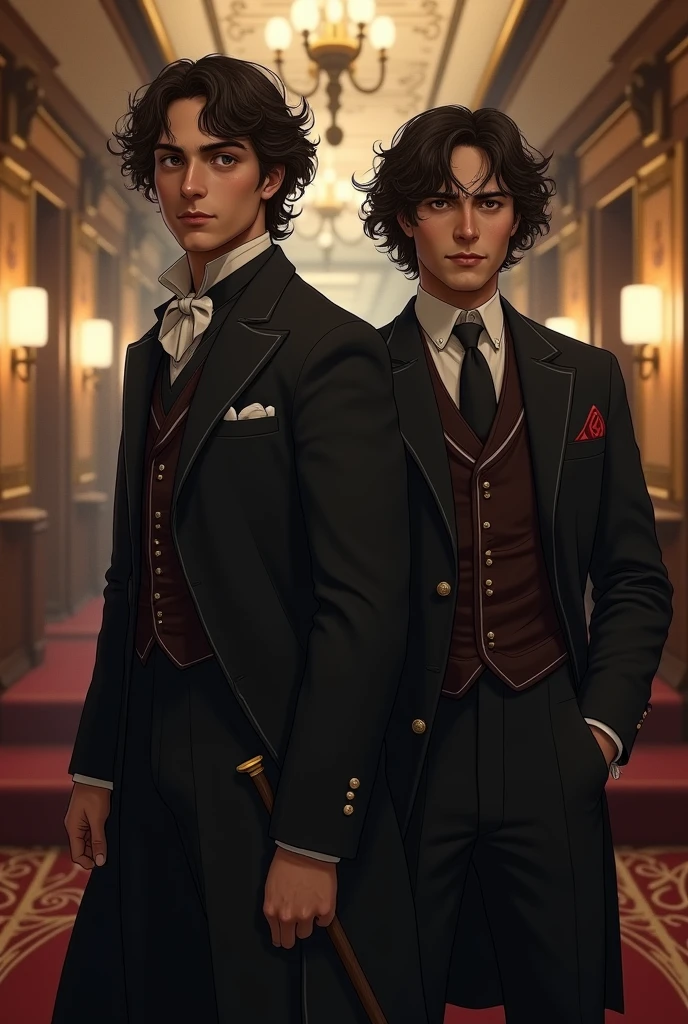 A couple: young Remus Lupin with a cane and Sirius Black, on the titanic wearing 1910s clothing