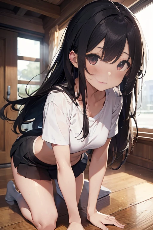 mastepiece,girl,cute,low length,Long Hair,Shorts,chest,Ecchi,slouch