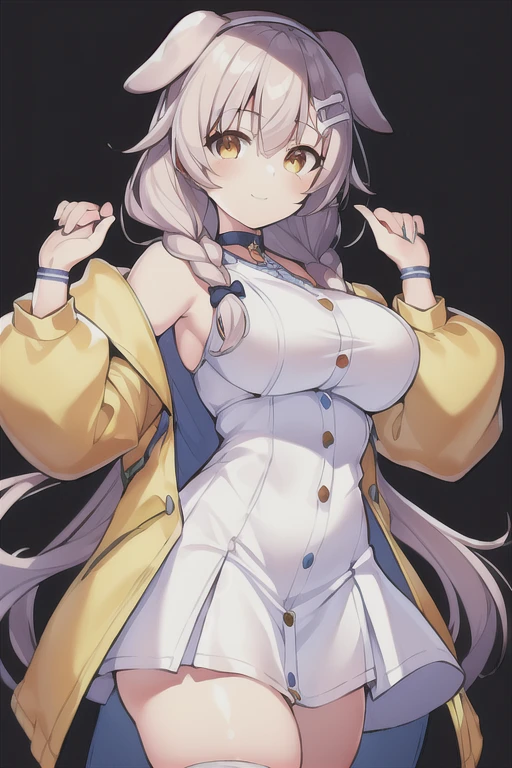 1girl, Korone, smile, dog ears, twin braids, sidelocks, hair ornament, ((white dress)), jacket, yellow jacket, jacket, open clothes, open jacket, dress, short dress, sleeveless dress, huge breasts, wide hips, thick thighs, tall, tall female, mature female, bandana, scarf, hourglass figure, standing,