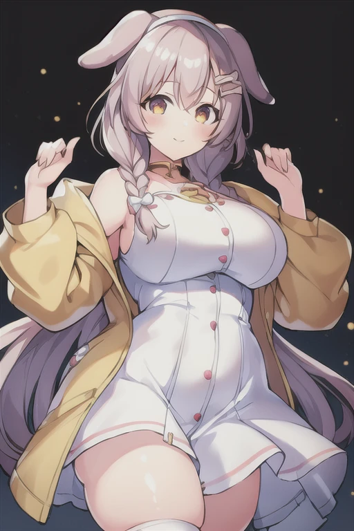 1girl, Korone, smile, dog ears, twin braids, sidelocks, hair ornament, ((white dress)), jacket, yellow jacket, jacket, open clothes, open jacket, dress, short dress, sleeveless dress, huge breasts, wide hips, thick thighs, tall, tall female, mature female, bandana, scarf, hourglass figure, standing,