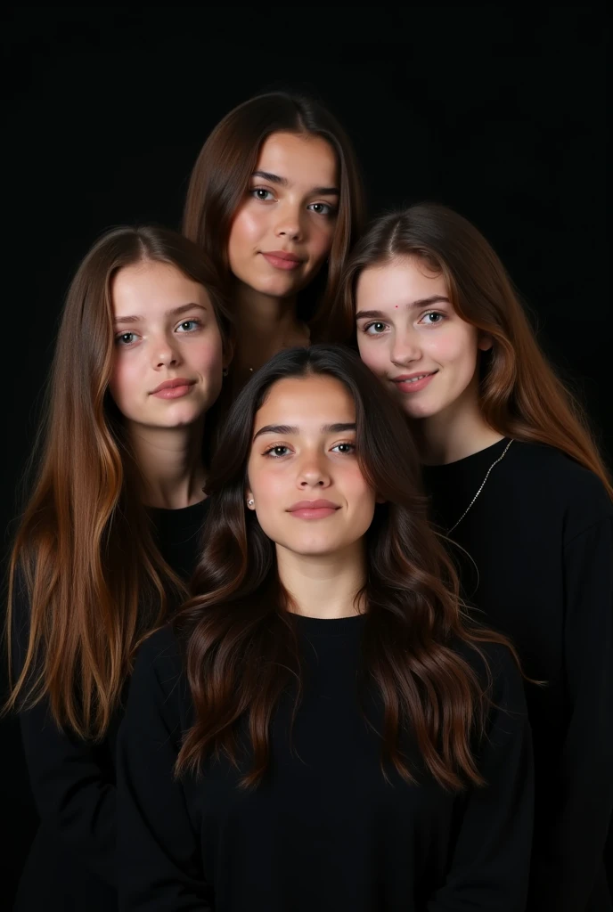 Photo of 4 teenage girls with brown hair and a black background
