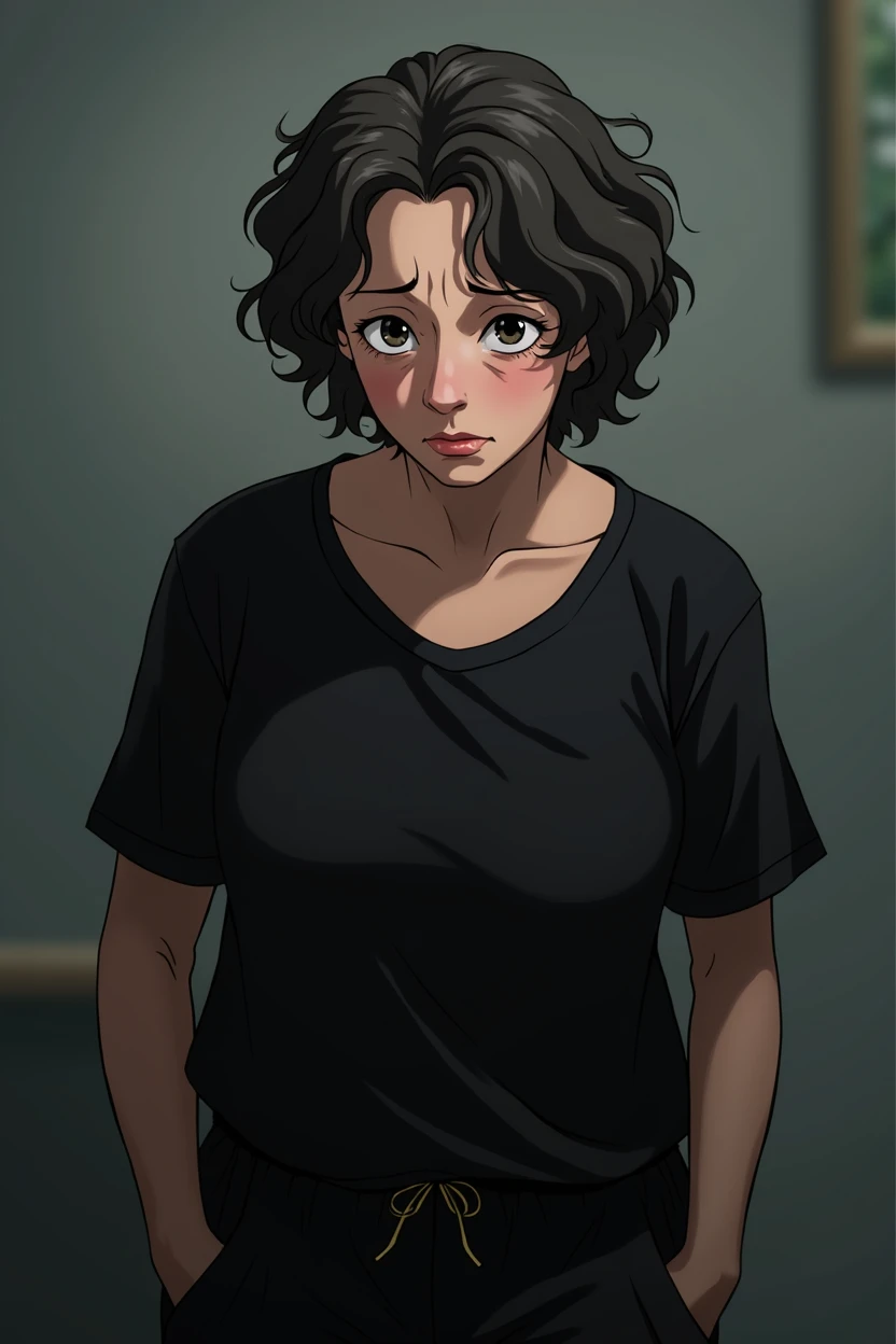 middle aged female patient, black curly hair, ((wrinkles on face)), perfect symmetrical eyes, black pupils, looks miserable due to overuse of medicine, black blouse, black jogging pants, tired emotion, focus on face and torso, transparent background, anime style, masterpiece, best quality