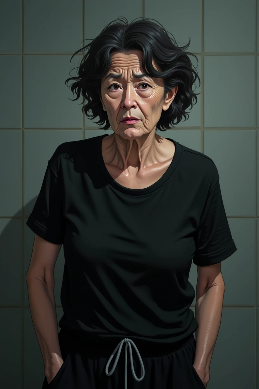 middle aged female patient, black curly hair, ((wrinkles on face)), perfect symmetrical eyes, black pupils, looks miserable due to overuse of medicine, black blouse, black jogging pants, tired emotion, focus on face and torso, transparent background, anime style, masterpiece, best quality